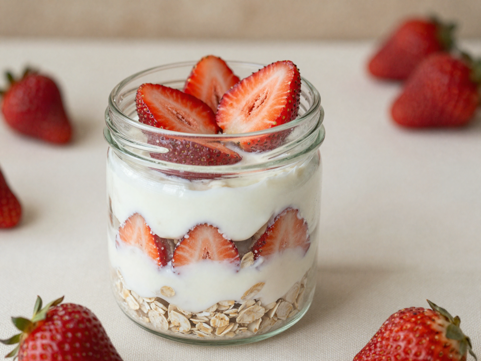 Overnight Oats de Morango com Iogurte Grego