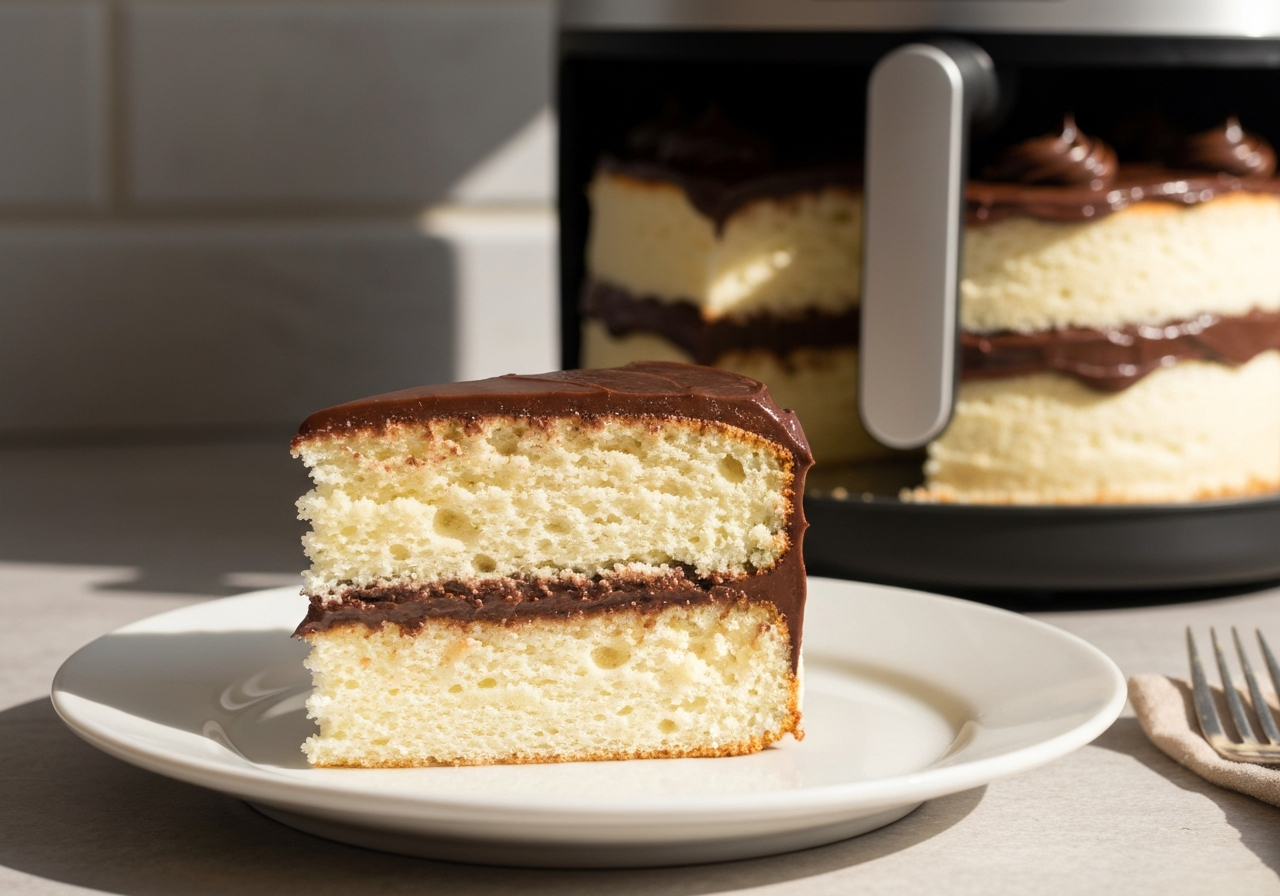 Bolo de Baunilha na Air Fryer com Cobertura de Chocolate Cremosa