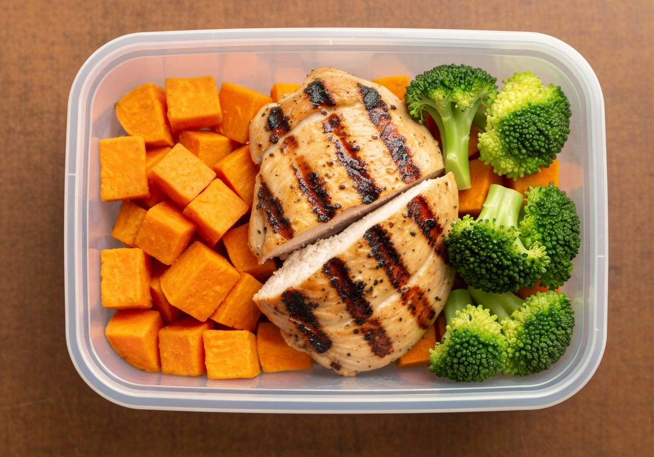 Marmita Fit Completa: Frango Suculento, Batata Doce Assada e Brócolis no Vapor