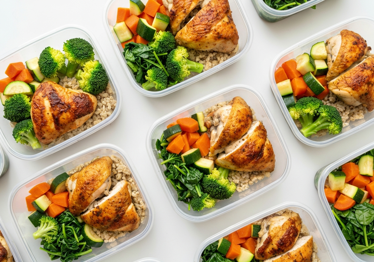 Marmita Low Carb Semanal Panelli: Frango Mediterrâneo e Carne Moída com Legumes Assados